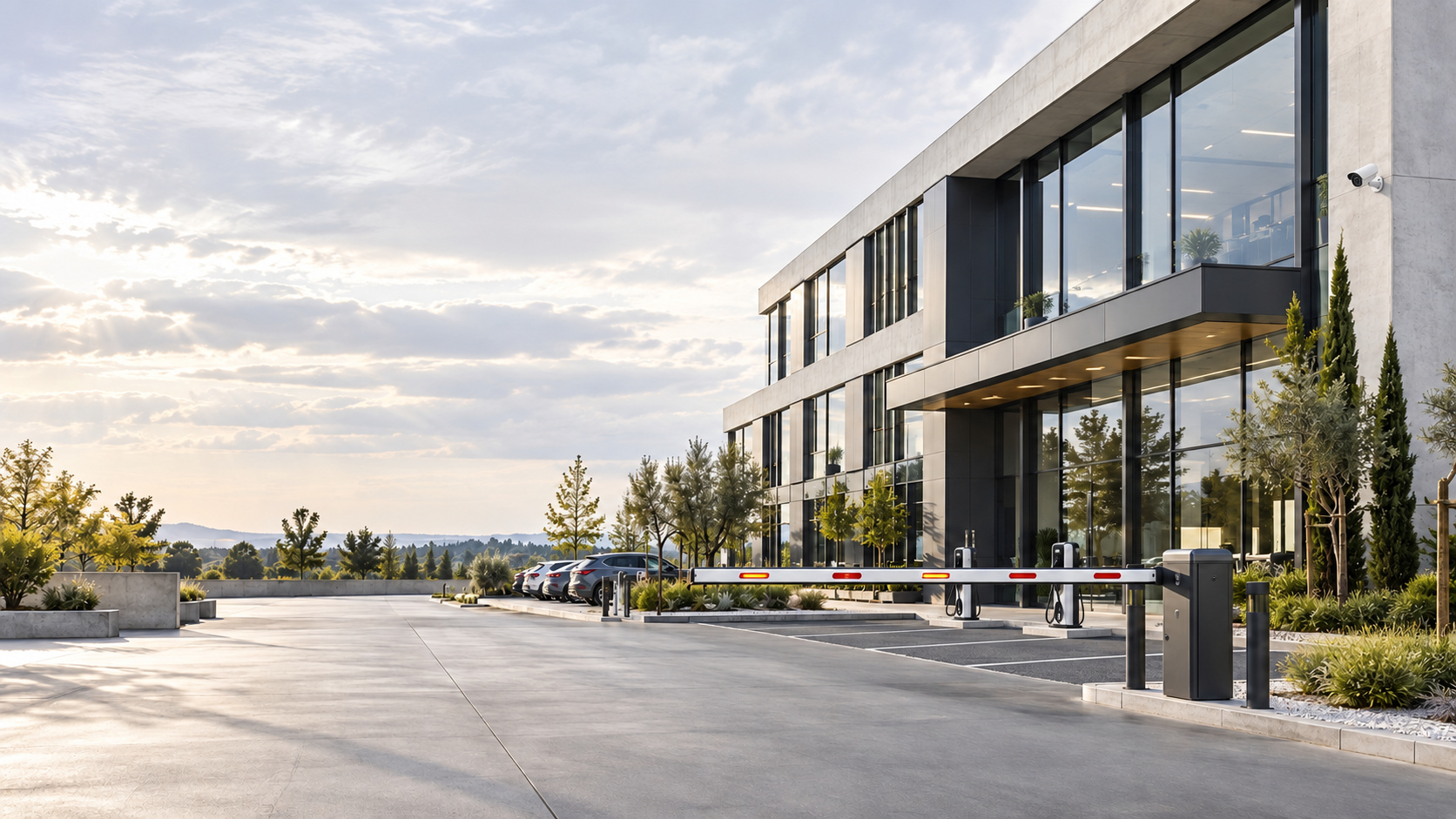 Bâtiment professionnel et parking équipé — illustration
