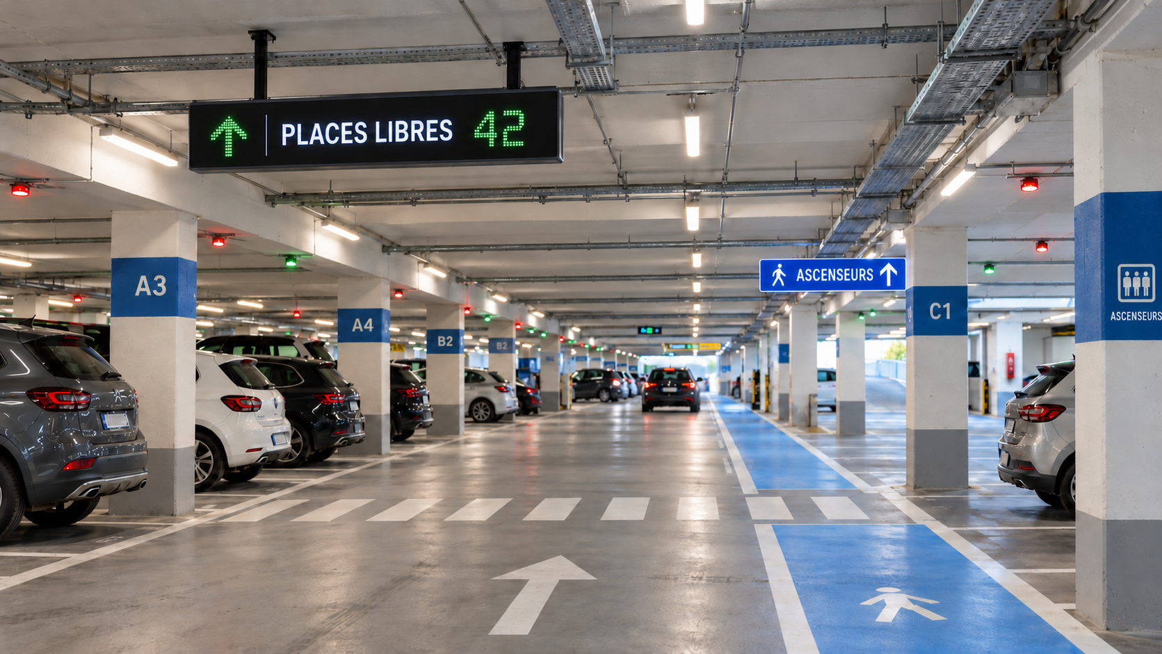 Guidage à la place et affichage dans un parking — illustration